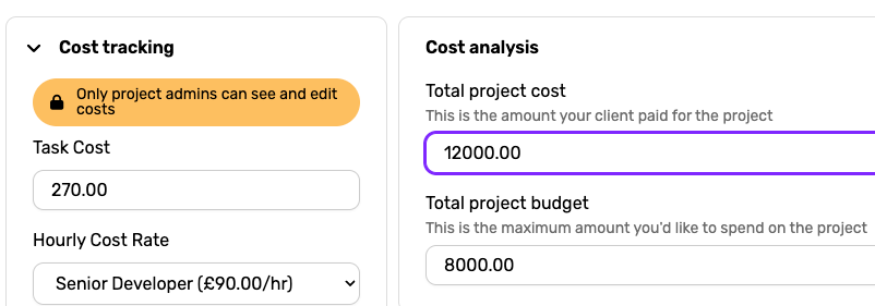 Screenshot of the Cost Tracking feature